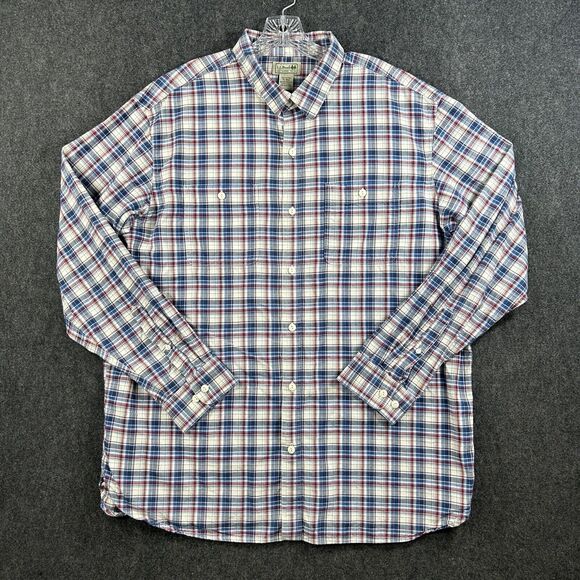 LL Bean Shirt Men’s Extra Large Red White Blue Plaid Pockets Casual Button Down - Picture 1 of 8